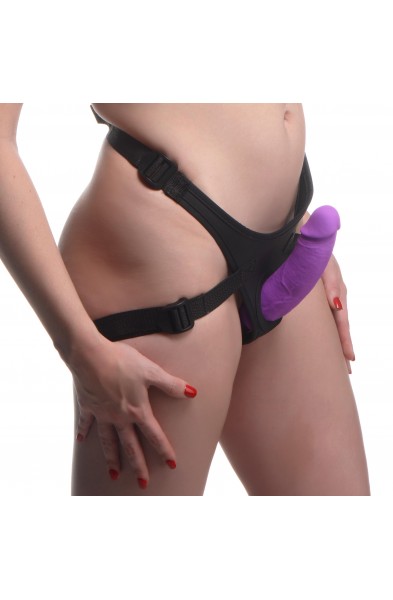 Double Charmer Silicone Double Dildo With Harness  - Purple