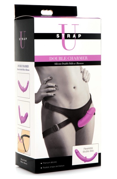 Double Charmer Silicone Double Dildo With Harness  - Purple