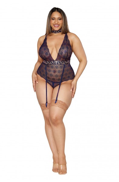 Garter Teddy and Choker - Queen Size - Nocturnal  Blue