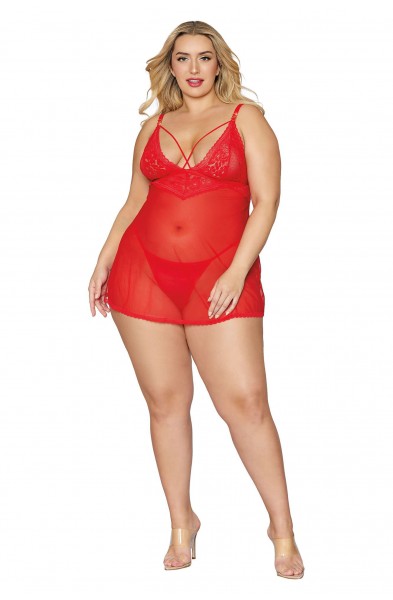Babydoll and G-String - Queen Size - Lipstick Red