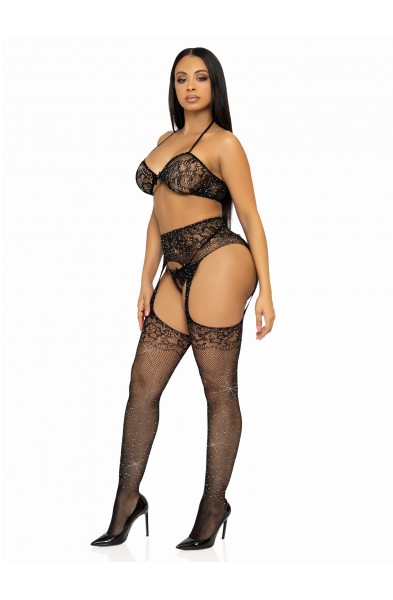 3 Pc Rhinestone Bra Top, G-String, and Garter Belt Stockings - One Size - Black