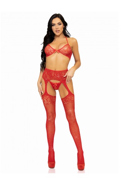 3 Pc Rhinestone Bra Top, G-String, and Garter Belt Stockings - One Size - Red