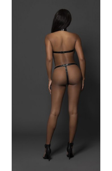 Victoria Leather Bra and Thong - One Size - Black