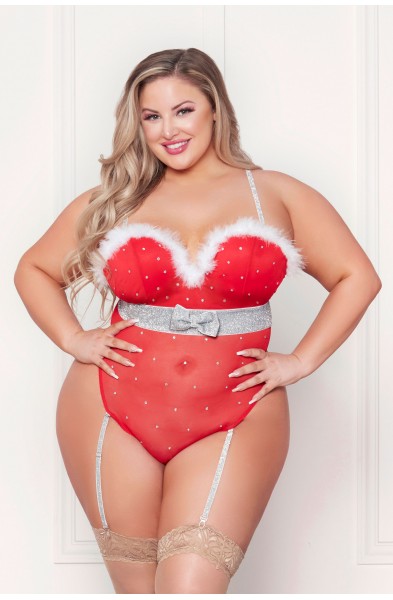 Rhinestone Studded Mesh Teddy With Marabou Trim -  X-Large - Red