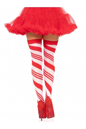 Candy Cane Thigh High - One Size - White/red