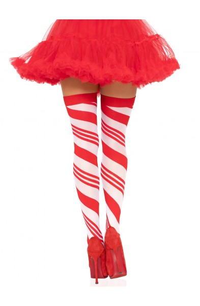 Candy Cane Thigh High - One Size - White/red