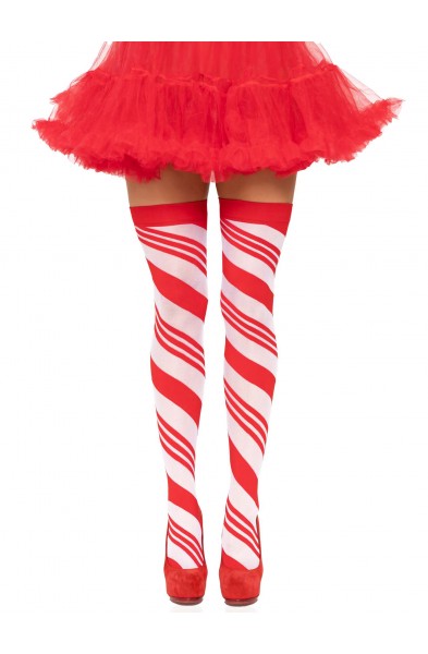Candy Cane Thigh High - One Size - White/red