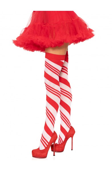 Candy Cane Thigh High - One Size - White/red