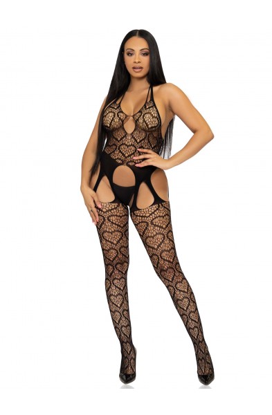 Seamless Heart Net Suspender Bodystocking - One  Size - Black