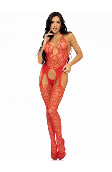 Seamless Heart Net Suspender Bodystocking - One  Size - Red