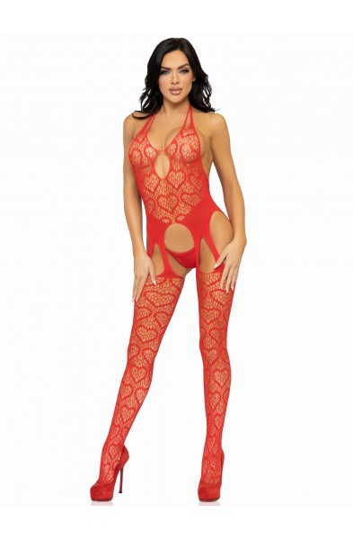 Seamless Heart Net Suspender Bodystocking - One  Size - Red