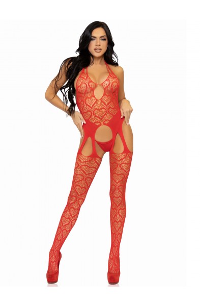 Seamless Heart Net Suspender Bodystocking - One  Size - Red