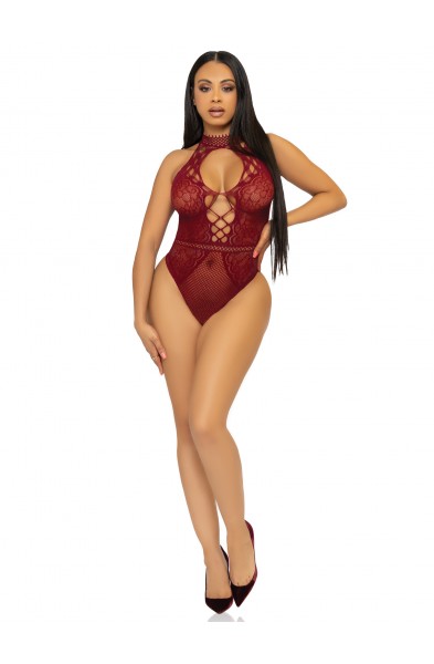 Net and Lace Keyhole Halter Bodysuit - One Size -  Burgundy
