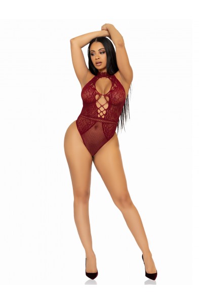 Net and Lace Keyhole Halter Bodysuit - One Size -  Burgundy