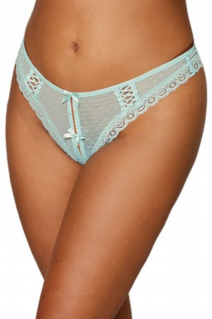 Dot Mesh Open Crotch Thong - Small - Mint