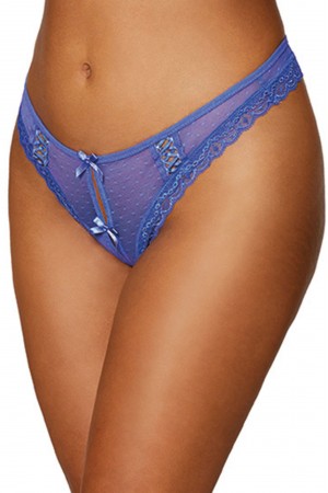 Dot Mesh Open Crotch Thong - Large - Periwinkle