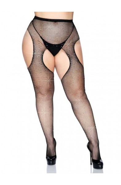 Casey Rhinestone Fishnet Suspender Pantyhose - Queen - Black