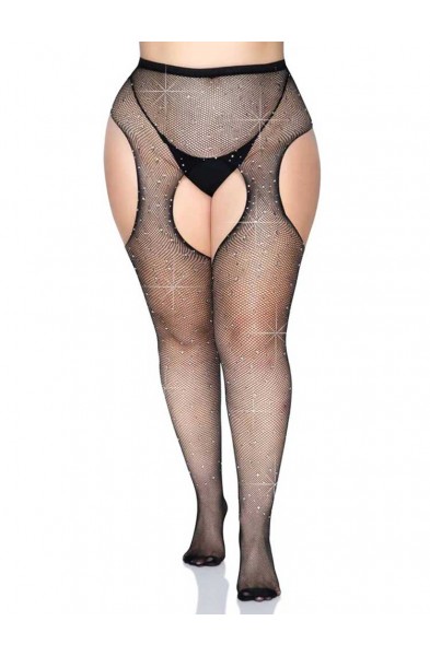 Casey Rhinestone Fishnet Suspender Pantyhose - Queen - Black