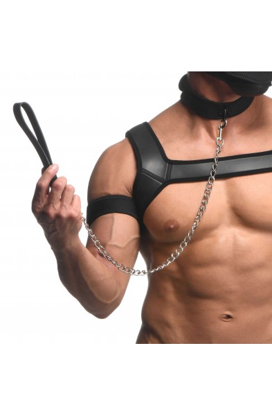 Full Pup Arsenal Set Neoprene Puppy Hood, Chest  Harness, Collar With Leash and Arm Band - Black