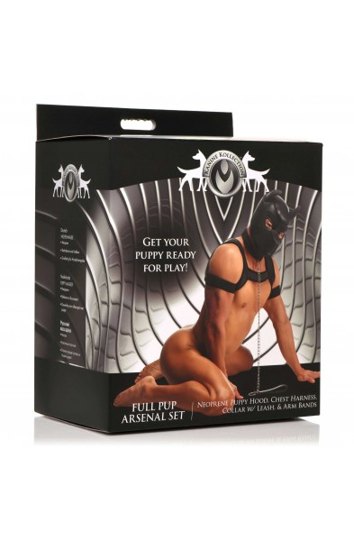 Full Pup Arsenal Set Neoprene Puppy Hood, Chest  Harness, Collar With Leash and Arm Band - Black