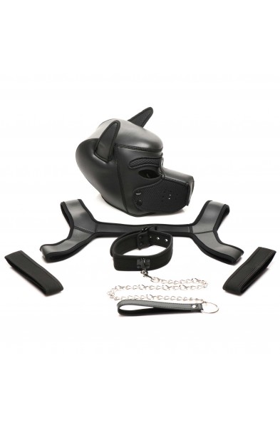 Full Pup Arsenal Set Neoprene Puppy Hood, Chest  Harness, Collar With Leash and Arm Band - Black