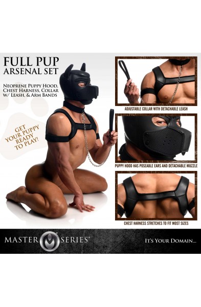 Full Pup Arsenal Set Neoprene Puppy Hood, Chest  Harness, Collar With Leash and Arm Band - Black