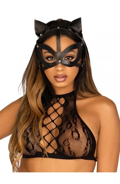 Vegan Leather Studded Cat Mask - Black