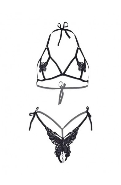 Butterfly Bra and Panty Set - One Size - Black