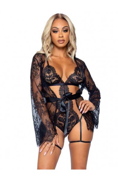 All Romance Lace Teddy and Robe Set - Medium -  Black