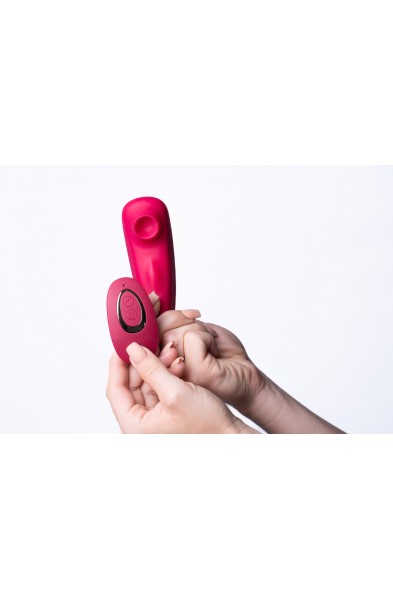 Remi 15-Function Rechargeable Remote Control   Suction Panty Vibe - Red