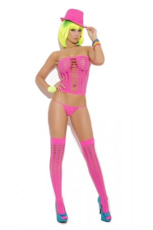 3 Piece Pot Hole Bandeau Top Set - One Size - Neon Pink