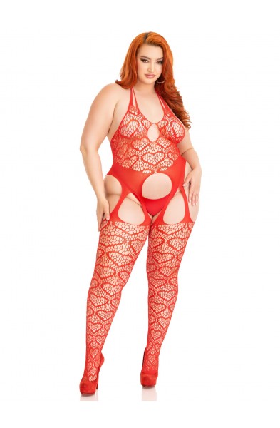 Seamless Heart Net Suspender Bodystocking - 1x/2x  - Red