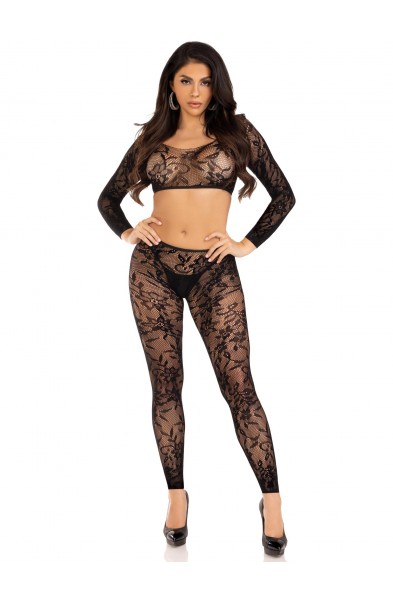 2 Pc Lace Crop Top and Footless Tights - One Size - Black