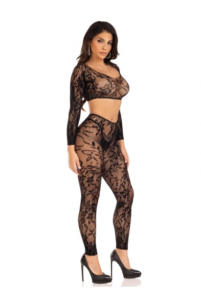 2 Pc Lace Crop Top and Footless Tights - One Size - Black