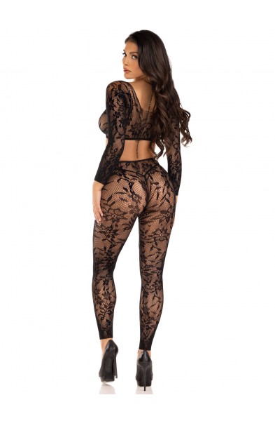 2 Pc Lace Crop Top and Footless Tights - One Size - Black