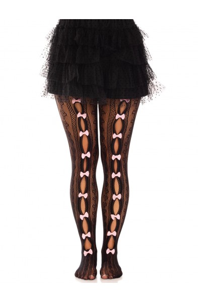 Sweetheart Striped Net Tights With Keyhole and  Mini Bow Detail - One Size - Black