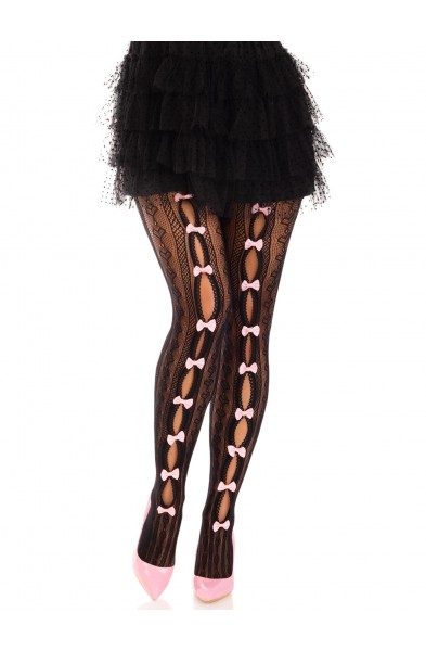 Sweetheart Striped Net Tights With Keyhole and  Mini Bow Detail - One Size - Black