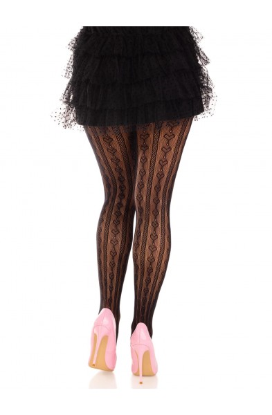 Sweetheart Striped Net Tights With Keyhole and  Mini Bow Detail - One Size - Black