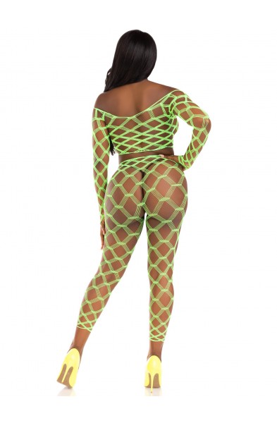 2 Pc Net Crop Top and Footless Tights - One Size - Neon Green