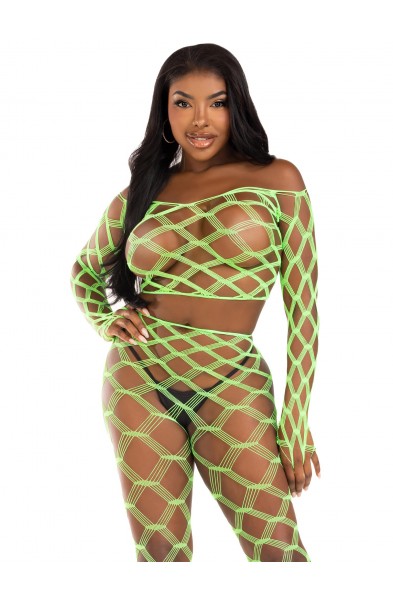 2 Pc Net Crop Top and Footless Tights - One Size - Neon Green