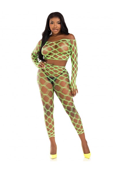2 Pc Net Crop Top and Footless Tights - One Size - Neon Green