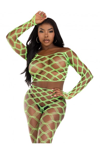 2 Pc Net Crop Top and Footless Tights - One Size - Neon Green