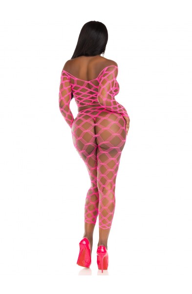 2 Pc Net Crop Top and Footless Tights - One Size - Neon Pink
