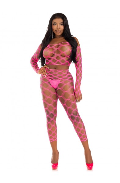 2 Pc Net Crop Top and Footless Tights - One Size - Neon Pink