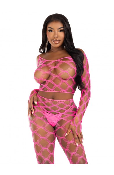 2 Pc Net Crop Top and Footless Tights - One Size - Neon Pink