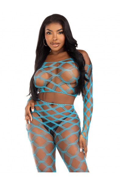 2 Pc Net Crop Top and Footless Tights - One Size - Turquoise