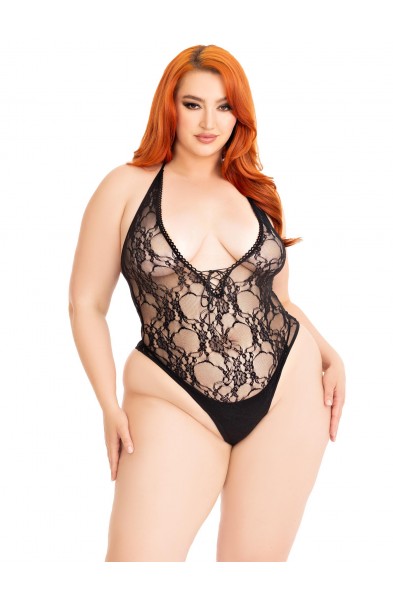 Floral Lace Deep-v Lace Up Teddy - 1x/2x - Black