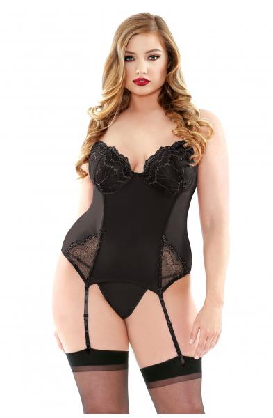 Embroidered Bustier and  G-String - 1x-2x - Black