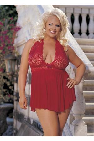Stretch Mesh and Lace Baby Doll With Bow - Queen Size - Red