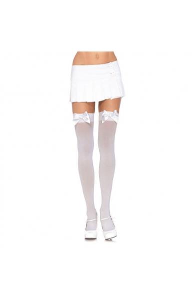 Satin Bow Opaque Thigh Highs - Queen Size - White
